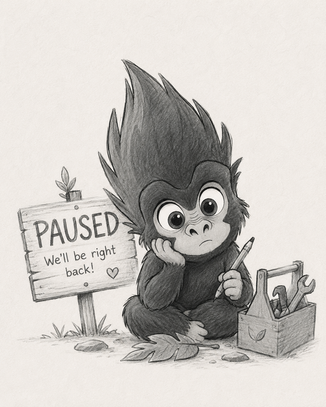점검 중인 고릴라와 PAUSED 표지판
